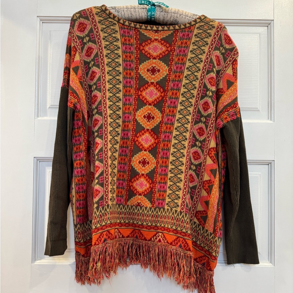 Multicolor Patterned Fringe Sweater